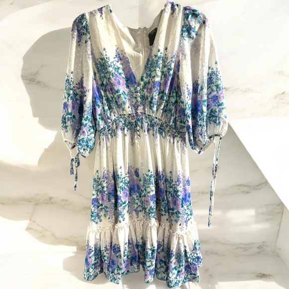Taylor Printed Tie-Sleeve Tiered Rudfle Floral Mini Dress Size 8 Half Sleeve - Picture 1 of 9